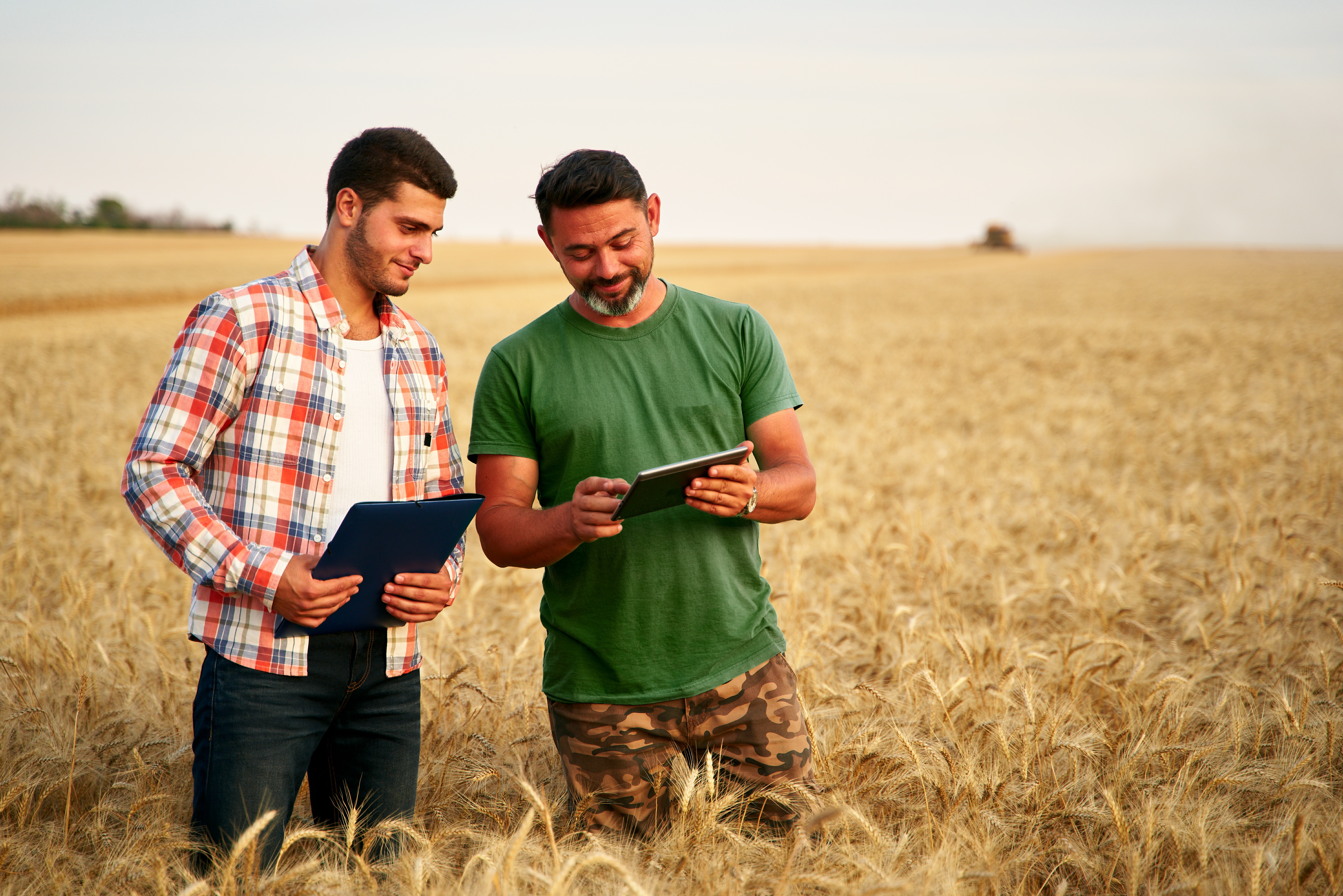δύο νέοι άνδρες σε έναν τομέα καλλιέργειας εξετάζουν τα πέλματα τους για να προγραμματίσουν τις εργασίες τους